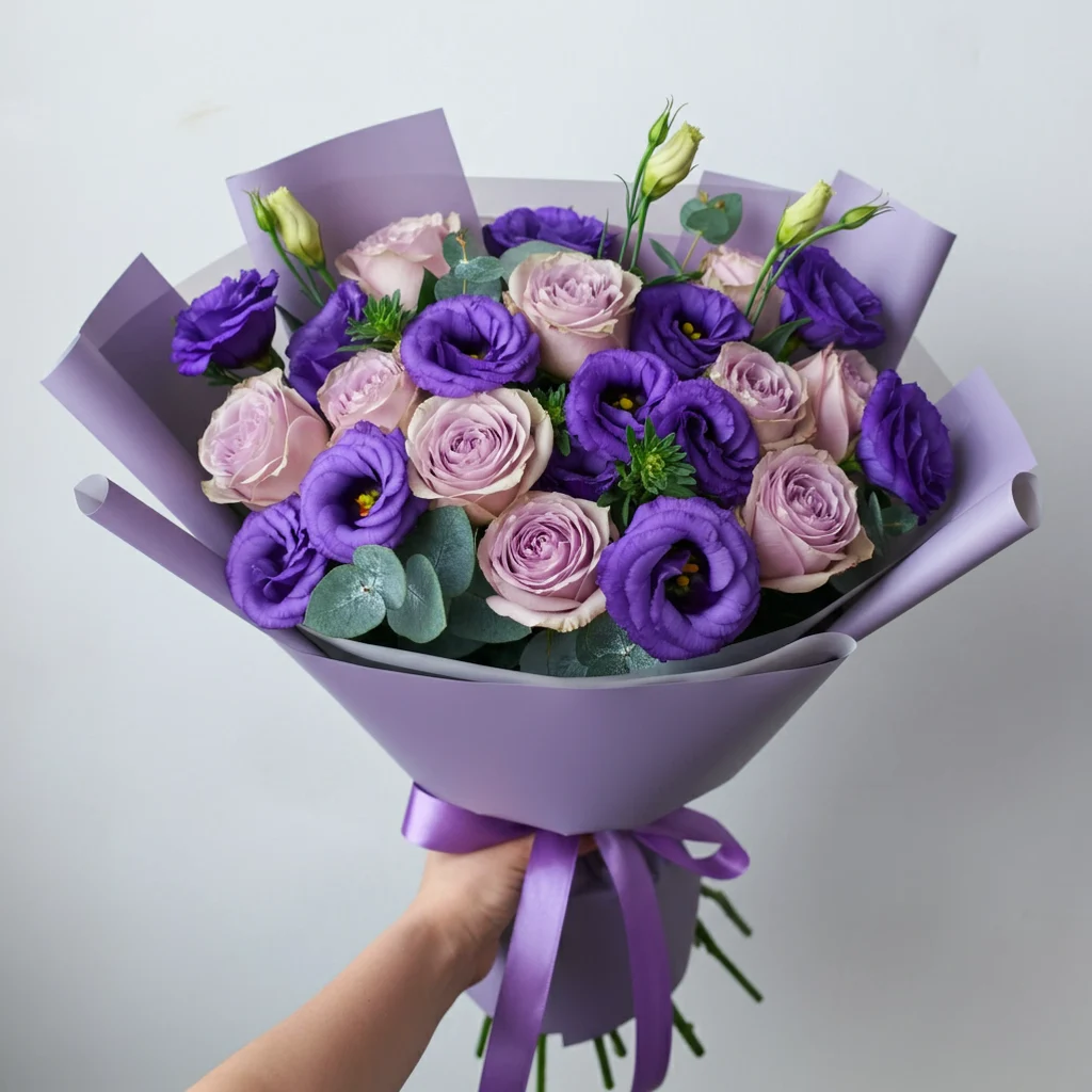 Ramo de Lisianthus roxos e rosas