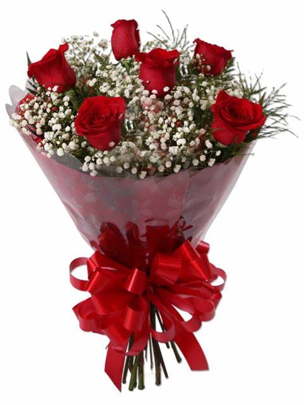 Ramo 06 rosas vermelhas + Gipsofilas brancas