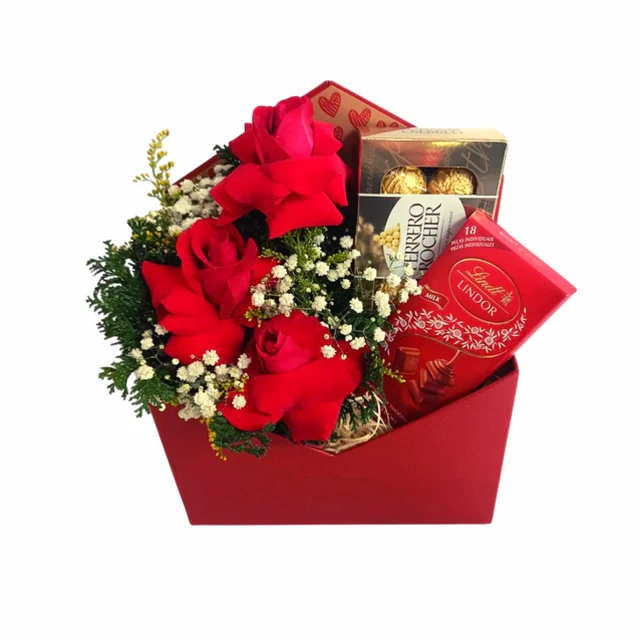 Ramo 03 rosas vermelhas + Lindt + Ferrero Rocher